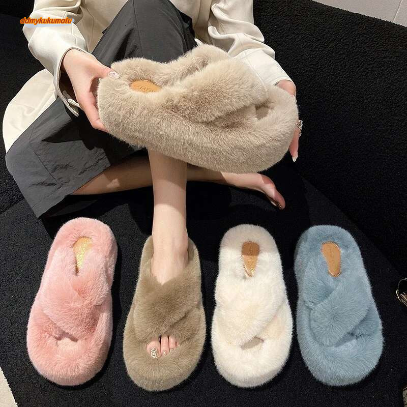 Woman Furry Ladies Faux Fur Fluffy Plush Slipper House Soft Fuzzy Girl Platform Indoor Flat Casual Sabot Round Toe Winter ddmykukumalu