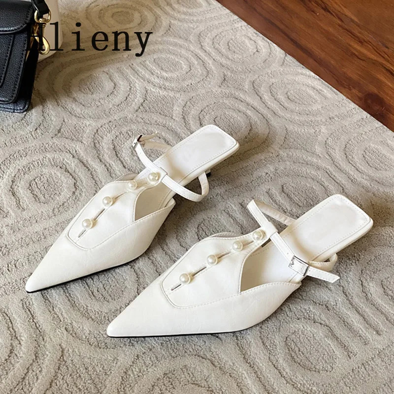Hlieny Fashion Pearl Buckle Strap Pumps Women Mules Slipper Cozy Leather Pointed Toe Ladies Shoes er Low Thin Heels Slides 250107