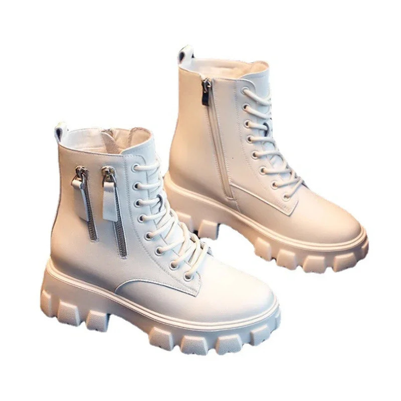 Pu Leather Platform Ankle Boots Women Lace-Up Zipper Thicked Plush Snow Boots Woman Winter Non-Slip Warm Cotton Shoes 250103