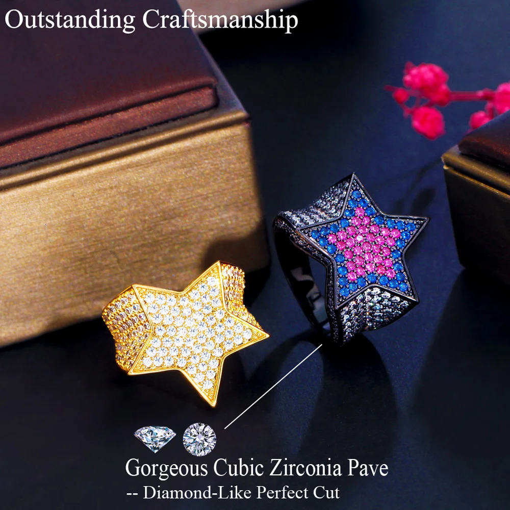 Pera Milan Hip Hop Rock Five Star Rings Gold Color Iced Out CZ Zircon Pentagram Women Wedding Party Jewelry R198 250107