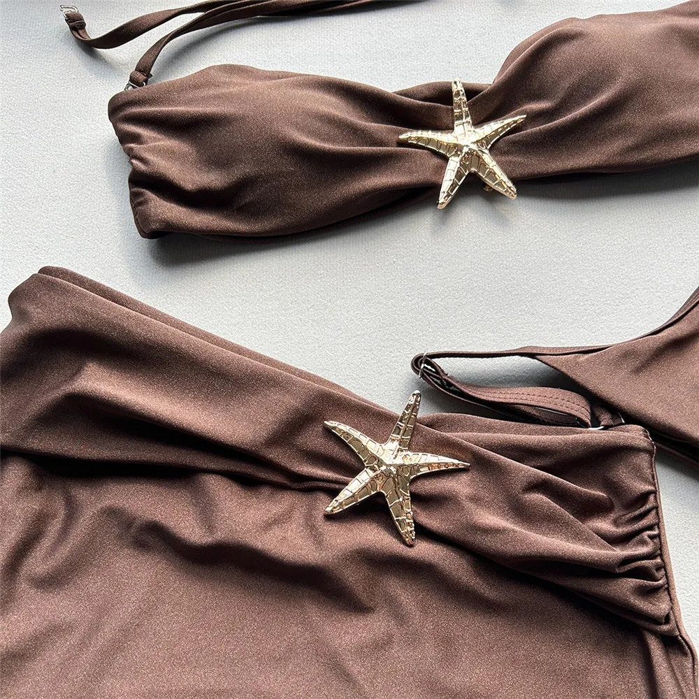 Brown Sexy Swimsuit Cover Ups Women Micro Thong 3 Piece Bikini Set Damen Metal Star Swimwear Beach Wear Bandeau Bikinis Mujer 250108