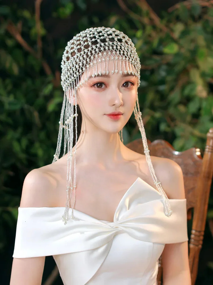 Vintage Aesthetic Women Exotic Pearl Tassel Belly Dance Head Cap Hat HeadwrapHair AccessoryHeadpiece for Party Wedding Showing 250107