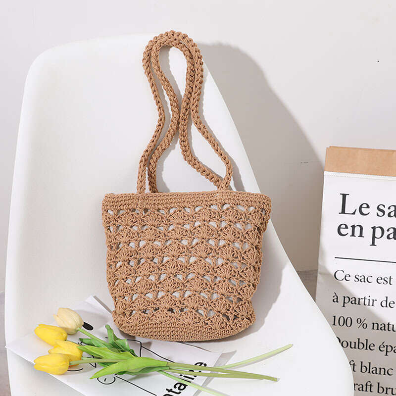 Korean Version Hollowed Out Cotton Thread Handmade With Chi Style Temperament, One Shoulder Portable Grass Woven Bag, Seaside Vacation Beach Bag