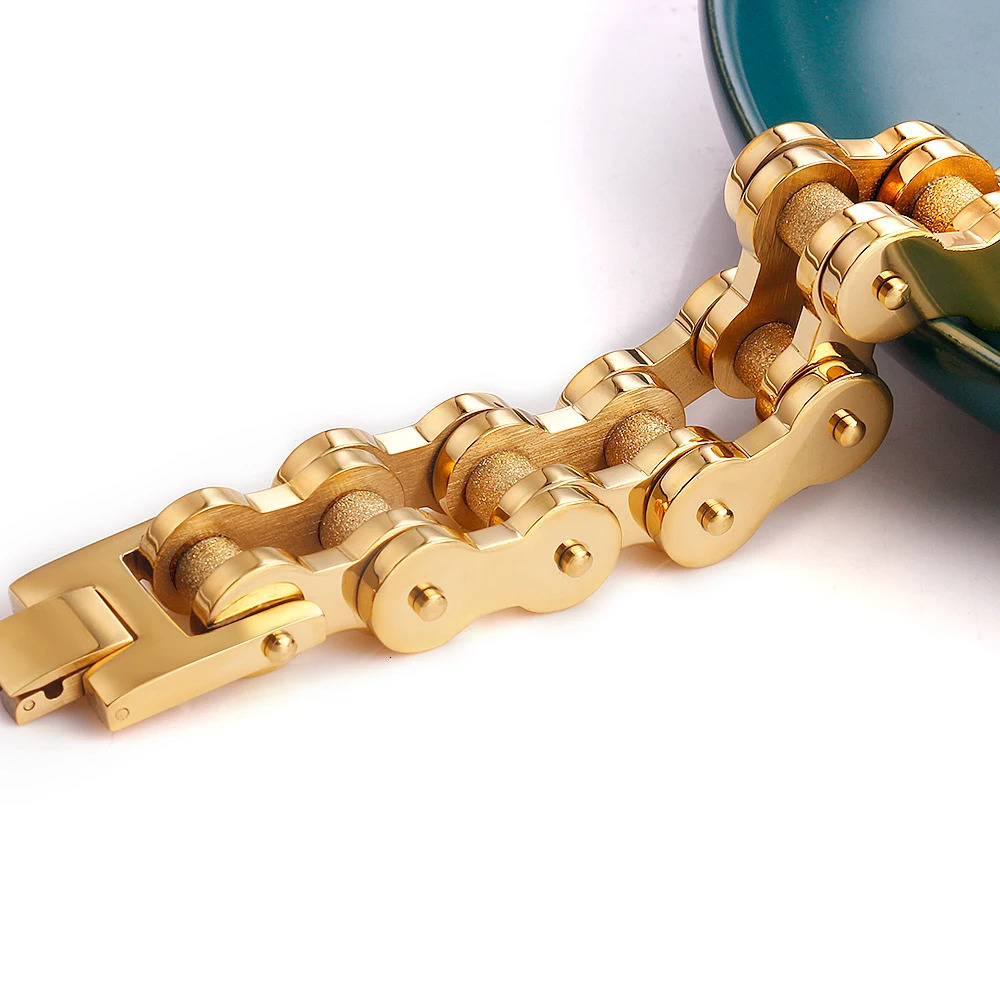 10mm Wide Gold Bike Chain Bracelet for Men Stainless Steel Gold Plated Bicycle Link Chain Hip Hop Accessories Fashion Jewelry 250107