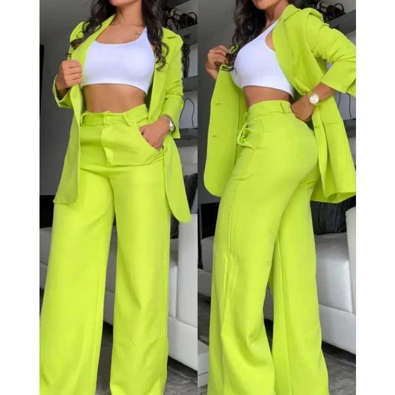 Newly arrived Temperment Spring womens solid color Ele long sleeved lapel set with pockets and straight leg pants set W250108
