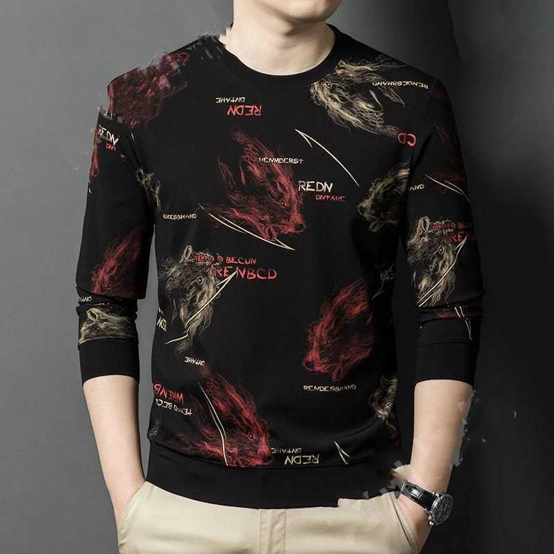 Trend Fashion Mens Sportswear Autumn New Collection O-neck Printed Street Casual Full Set Long Sleeve Floral Loose T-shirt Top W250108