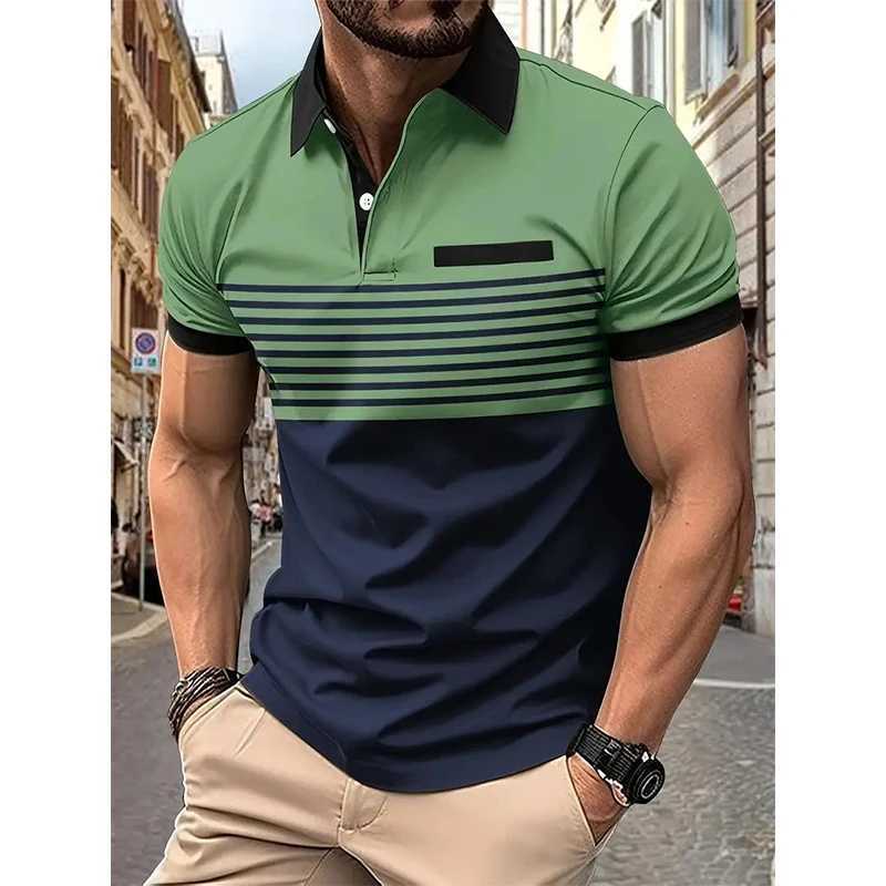 Summer New Casual Fashion Versatile Polo Shirt Mens Lapel Button Color Block Print Patchwork Striped Ventilate Long Sleeved TopXJ250108