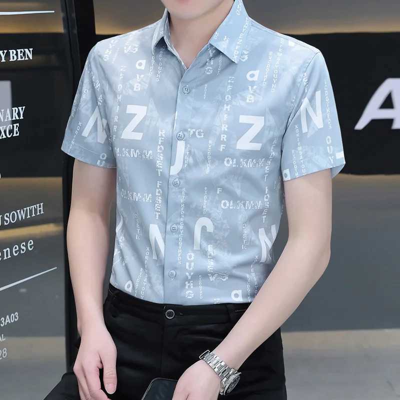 Mens Clothing Summer Button Up Cardigan Short Sleeve Turn-down Collar Casual Formal Letter Printing Shirt Preppy Style TopsXJ250108
