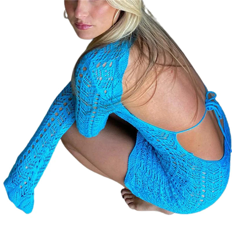 Lamuusaa Beach Dress Women Sexy Swimwear Bikini Cover Up Hollow Out Long Sleeve Backless Knitted Mini Club Party Dresses 250108