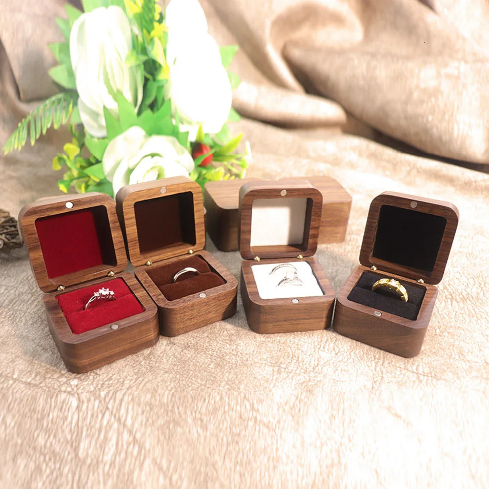 5.5cm Square Engagement Ring Box Black Walnut Wedding Diamond Ring Jewelry Gift 250106
