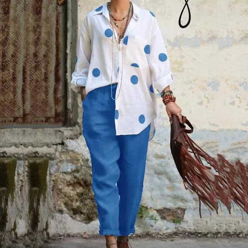 Sexy collar button up shirt cotton linen pants set for women polka dot print two-piece set autumn long Sve office set W250108