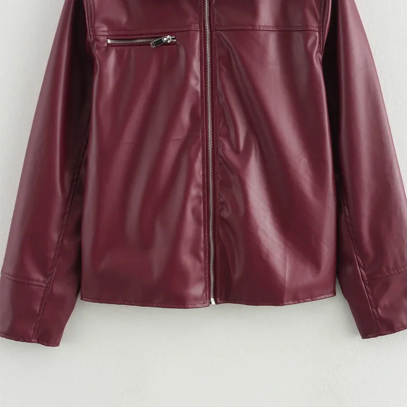 TRAF 2024 Women Faux Leather Jacket Autumn Winter Fashoin Long Sleeve Burgundy in Outerwears Streetwear Coats 250103