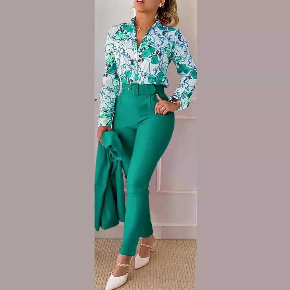 Ele Womens Printed Two Piece Set Spring and Autumn V-neck Long Sve Shirt Top and Pants Set Including Work Clothes Set W250108