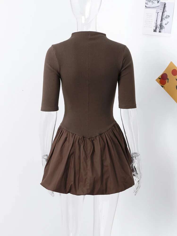 Casual Knitted Patchwork Dress Women O-Neck Short Sleeves Pleated A-E Mini Dresses Female 2024 Autumn Fashion Knit Lady Robe