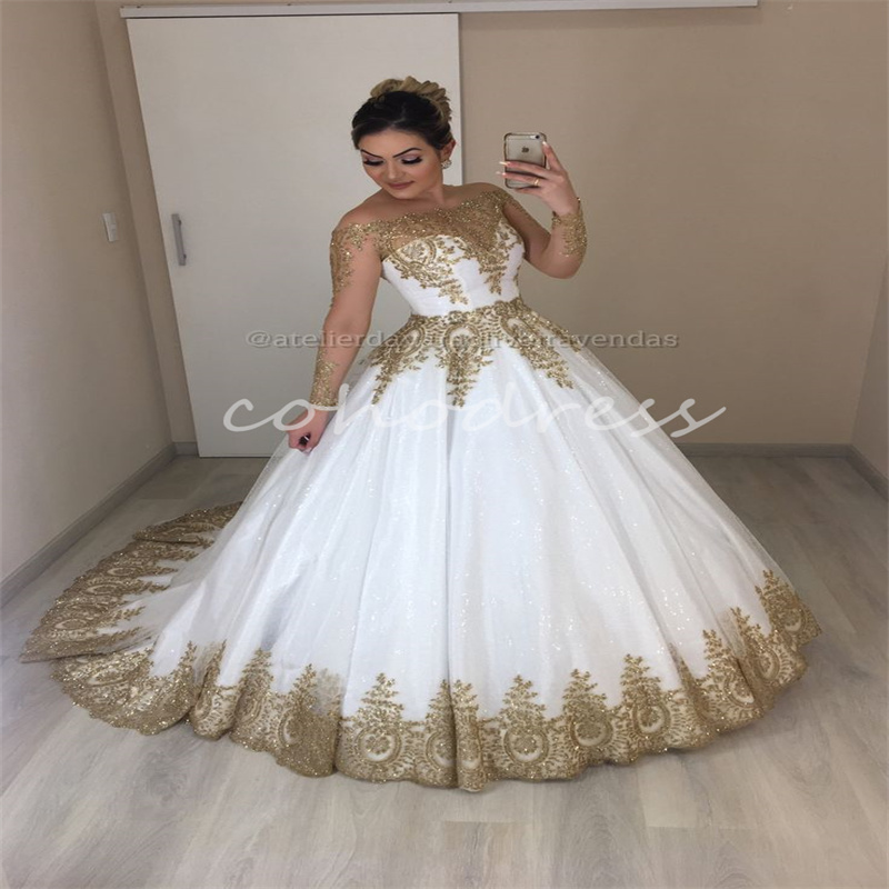 Luxury Gold And White Wedding Dress Gothic Appliques Lace Arabic Dubai Church Vestidos De Novia Boda Civil Plus Size Bride Dress 2025 Robe De Mariee G