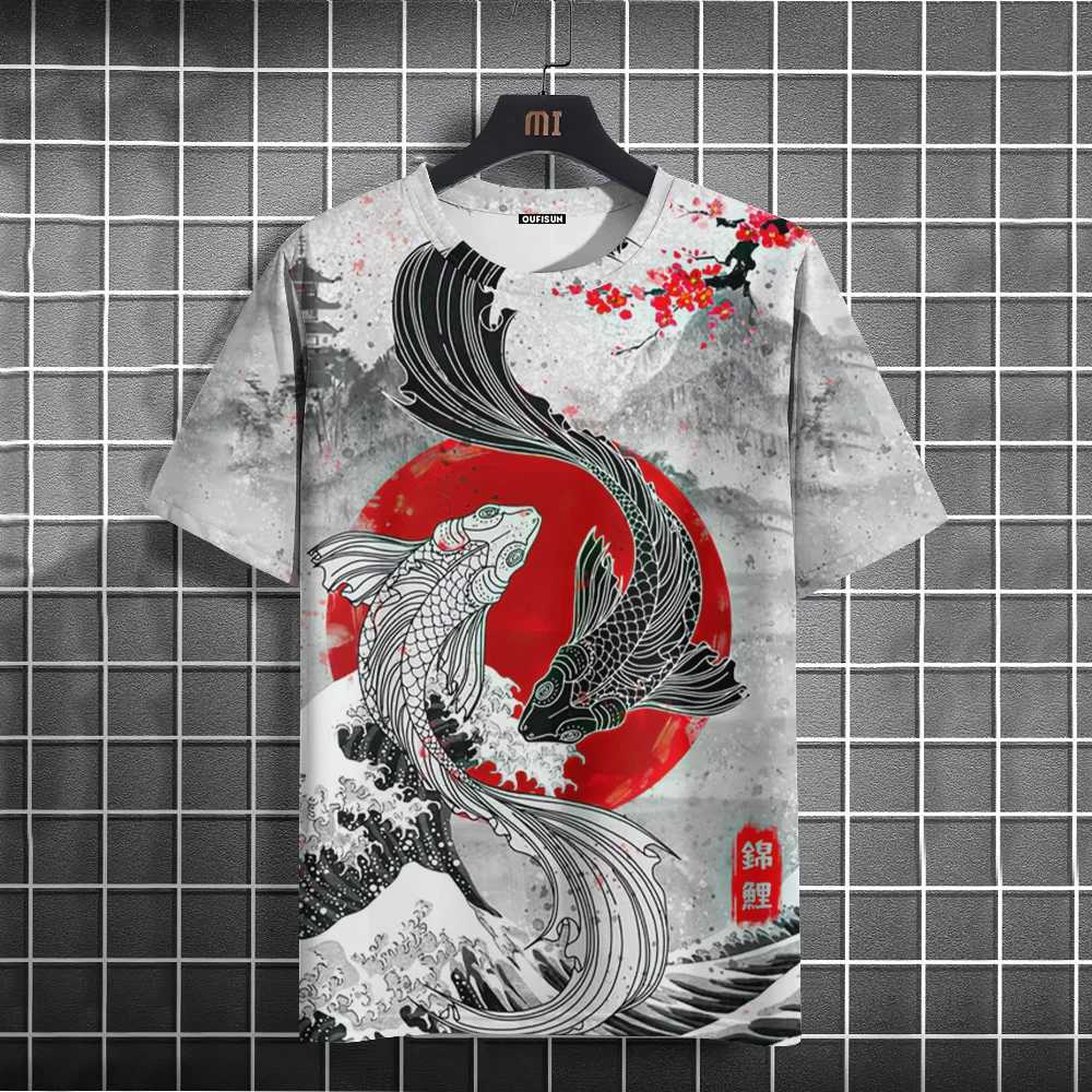 High Quality Fish Ocean View Sunraise Japanese style mens T-shirt sublimation large animal painting casual artist mens T-shirt T250108