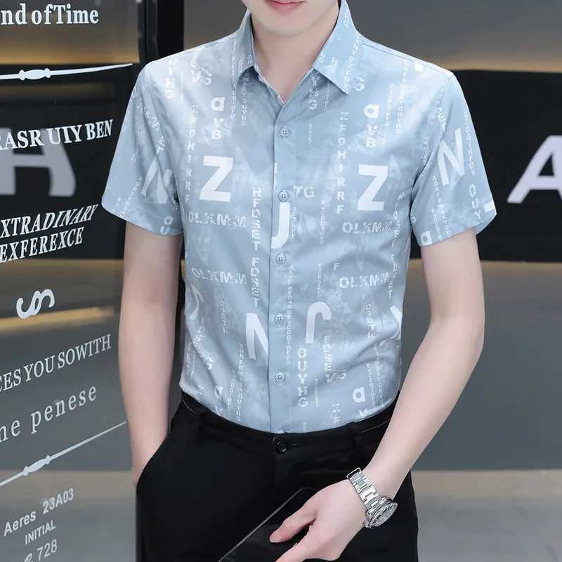 Mens Clothing Summer Button Up Cardigan Short Sleeve Turn-down Collar Casual Formal Letter Printing Shirt Preppy Style TopsXJ250108