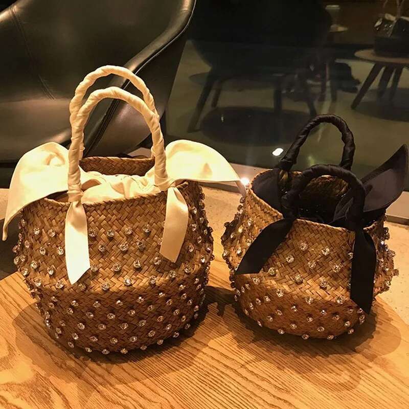Handmade Embellished Straw Summer Holiday Beach With Pearl Ladies Woven Bucket Dia Bag Designer Hot Handbags