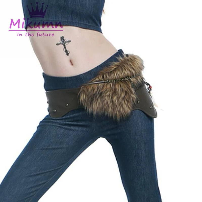 Y2K Harajuku Retro Western Cow Punk Furry Fur PU Chain Irregular Waist Belt Streetwear 250107