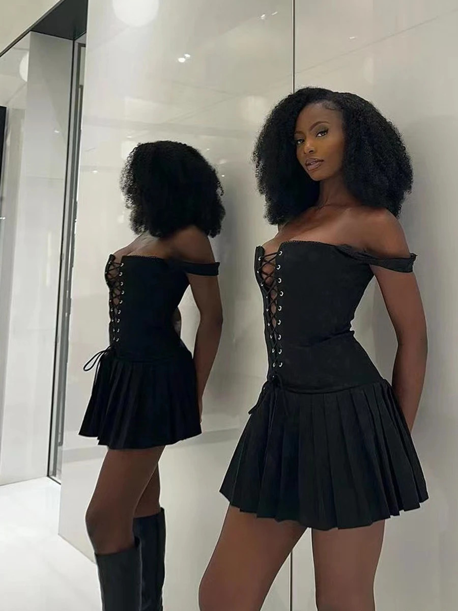 Lairauiy Womens Y2K Vintage Sexy Sleeveless Cross Tie-up Front Jacquard Summer Low Waist Pleated Corset Short Mini Dress 250107