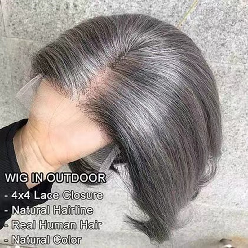 Short Bob HD 4x4 Gray Lace closure front Human Hair Wigs For Women Brazilian Remy Grey Colored Transparent Lace Frontal Wig Pre-plucked