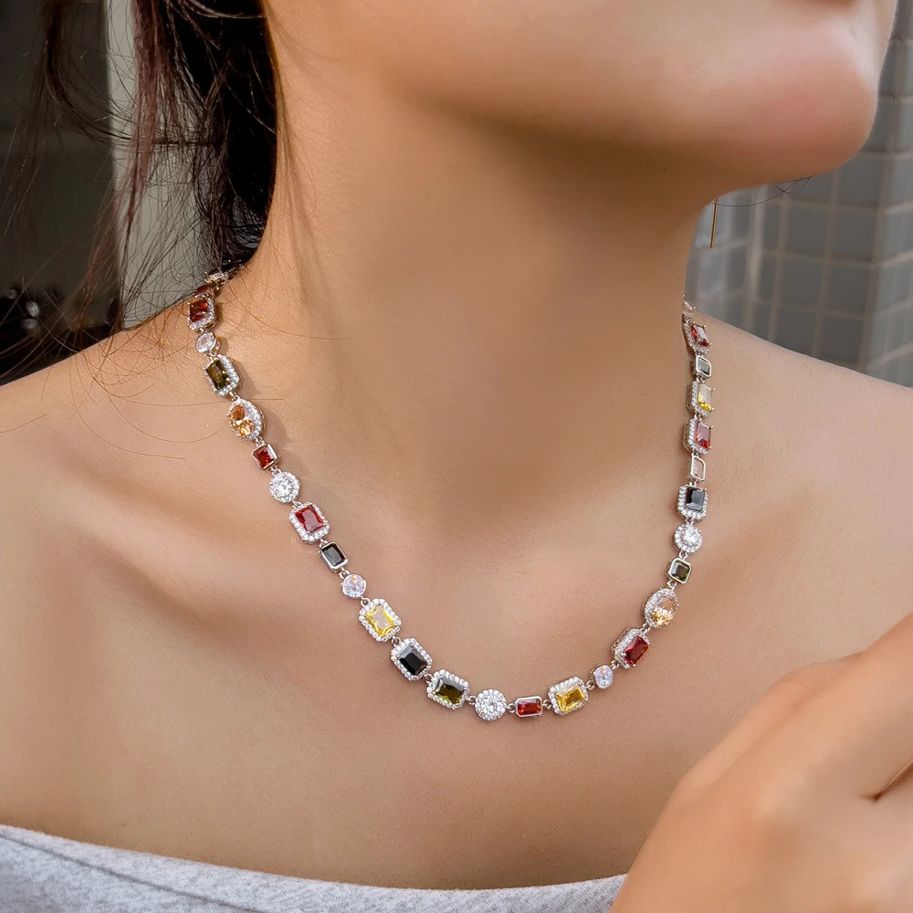 CWWZircons Vibrant Multi Color Cubic Zirconia Irregular Chain Necklace for Women Daily Party Engagement Jewelry Accessory CP130250103
