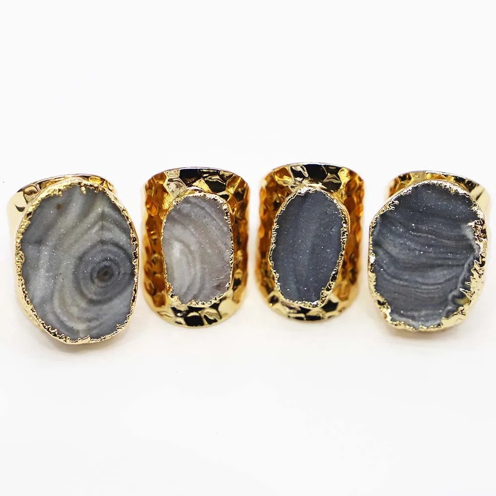 2pcs/lot Milky Way Agate Druzy Quartz Adjustable Ring Women Irregualr Raw Stone Gold Color Finger Fashion Jewelry Wholesale 250106