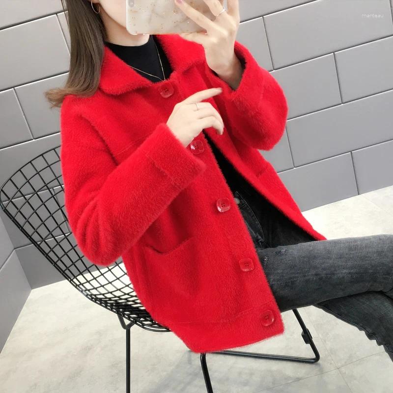 Women's Knits Autumn Winter Thick Faux Mink Cashmere Knitted Sweater Women Short Cardigan Loose Long Sleeve Big Pocket Knit Jacket Coat