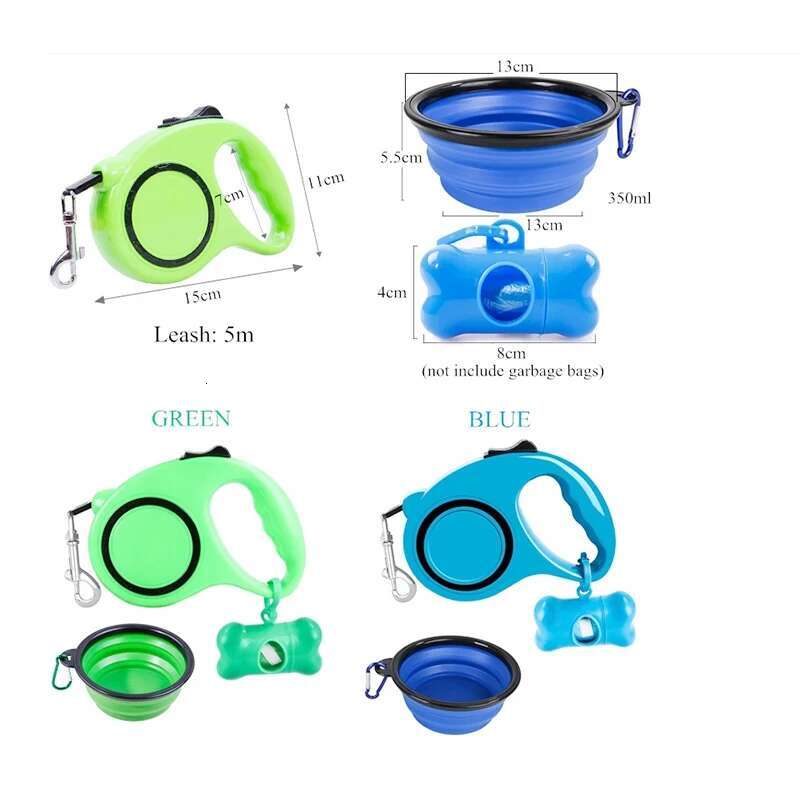 Pcs/Set 3 In1 Pet Dog Leash Chain Retractable Traction Rope Poop Dispenser Garbage Bags Feeder Folding Bowl Small Medium Dogs