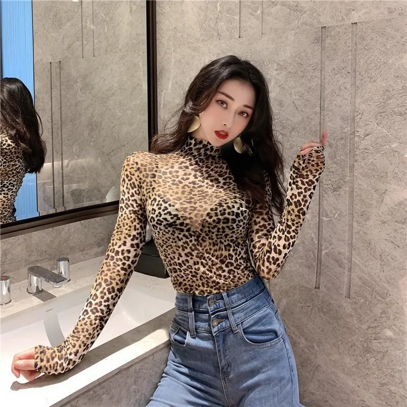 Women T-shirts spring Retro Turtleneck Leopard Slim Long-sleeved Leoaprd Tshirts Mesh Perspective Bottoming Tee Shirts 250107