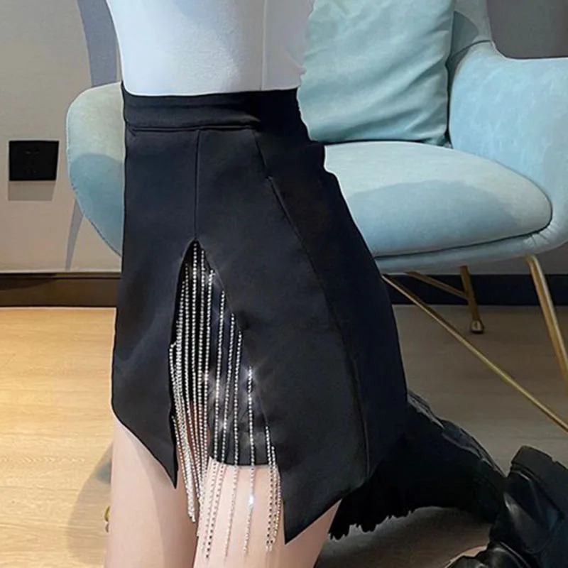 Fashion Side Split Mini Skirts for Women Korean High Waist Tassel ALine Skirt Woman Sexy with Lining Back Zipper Bag Hip 250106