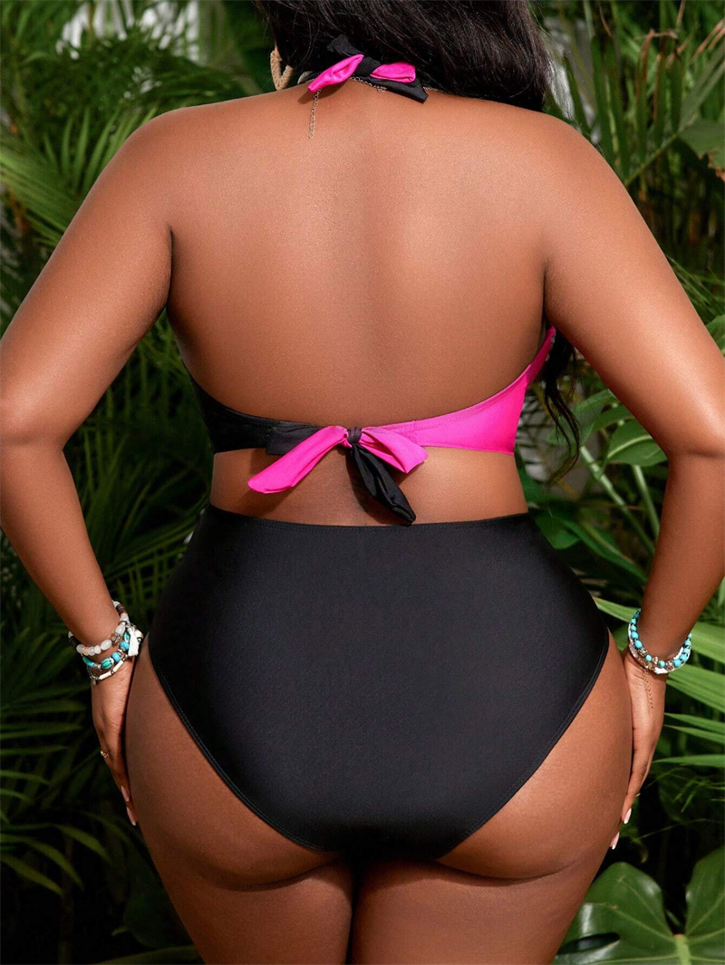 Women's Plus Size Bikinis Swimsuit Color Block Criss Cross Bikini Sets High Waisted Swimwear Big Woman Halter Neck Two Piece Bathing Suit