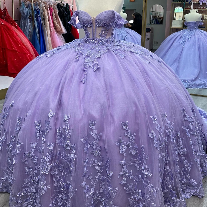 Lavender Quinceanera Dresses Ball Gown Off The Shoulder Beads Bow Tull Corset Party Birthday Sweet 16 Vestidos 15 De Anos