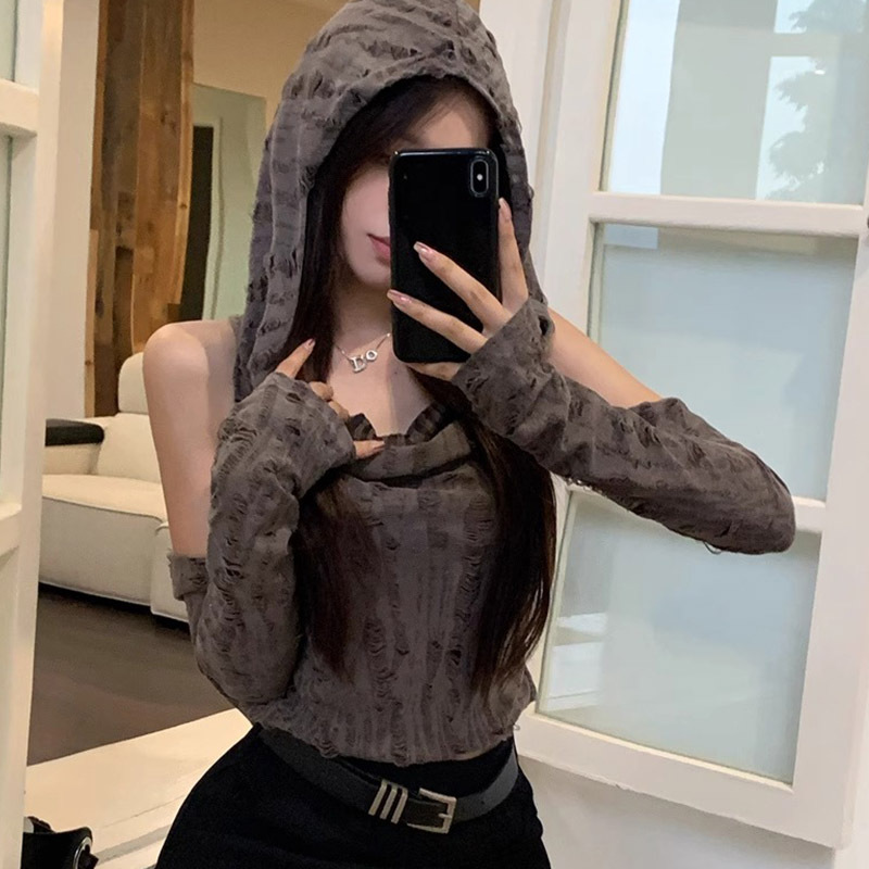 S166 Ripped vest wasteland style short sleeve top women's hooded T-shirt Korean version