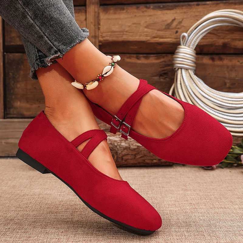 Double Buckle Red Ballet Flats Women 2025 Brand Designer Square Toe Mary Jane Shoes Woman Comfort Soft Sole Casual Walking ShoesC250108