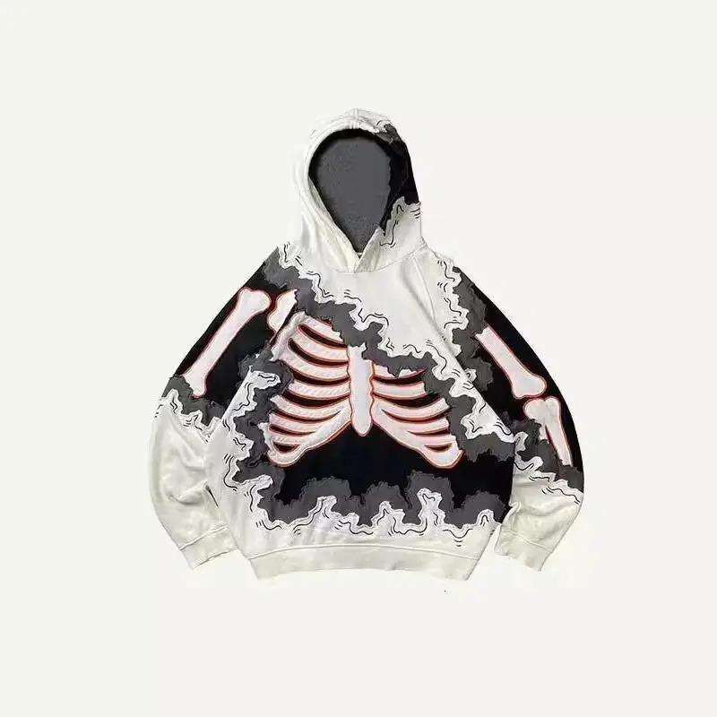 Trendy American Ins Youth Trend Flame Skeleton 3d Printed Velvet Sweatshirt Y2K Street Hip-hop Trend Pullover Hoodie Tops 250107