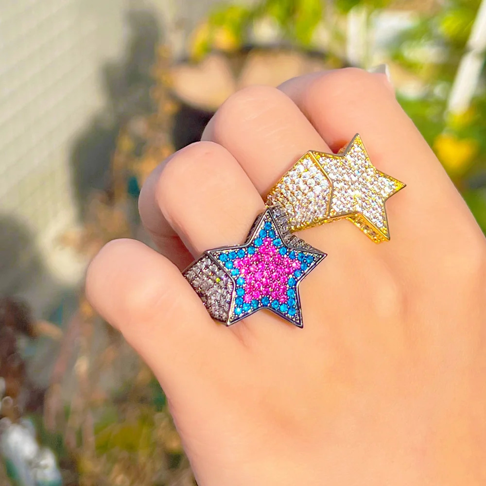 Pera Milan Hip Hop Rock Five Star Rings Gold Color Iced Out CZ Zircon Pentagram Women Wedding Party Jewelry R198 250107