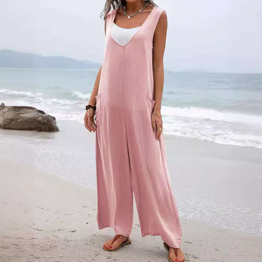 Summer New Solid Color Patch Bag Fashion Jumpsuit V-Neck Backband Wide Leg Long Pants For Women