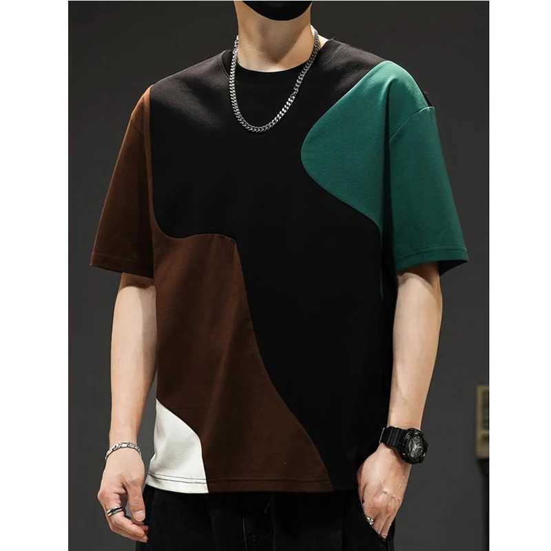 Fashionable O-neck splicing fully matched asymmetrical T-shirt for mens summer new item oversized casual floral Korean T-shirt M250108
