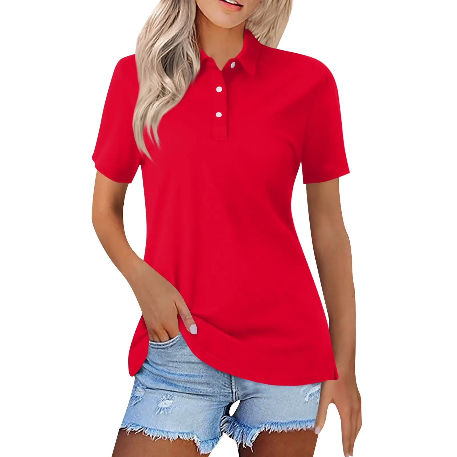 Womens Tops Short Sleeve Polo Shirts Summer Casual Collared Button T-Shirts Vneck Loose Fit Fashion Lapel Solid Color Tunics 250107