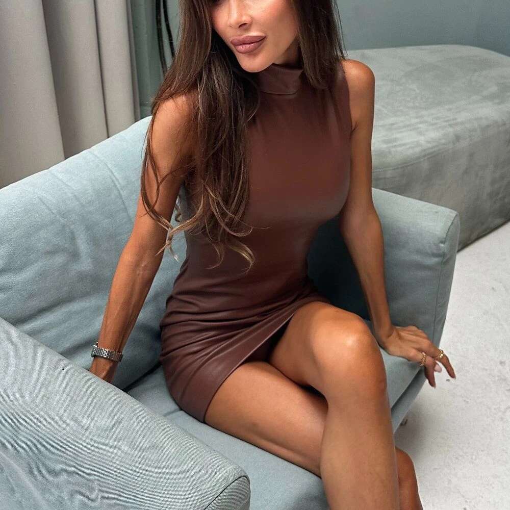 Summersexy Hot Sleeveless Fashion Temperament Street PU Leather Pure Color High-Necked Hip Short Dress
