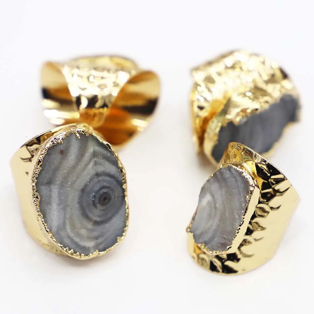 2pcs/lot Milky Way Agate Druzy Quartz Adjustable Ring Women Irregualr Raw Stone Gold Color Finger Fashion Jewelry Wholesale 250106