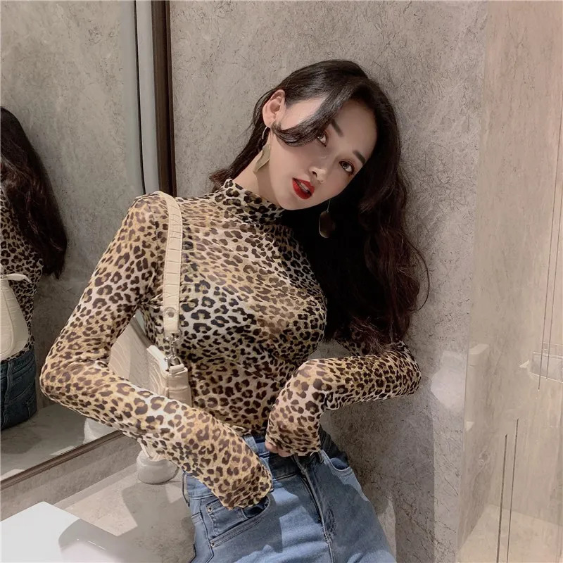 Women T-shirts spring Retro Turtleneck Leopard Slim Long-sleeved Leoaprd Tshirts Mesh Perspective Bottoming Tee Shirts 250107