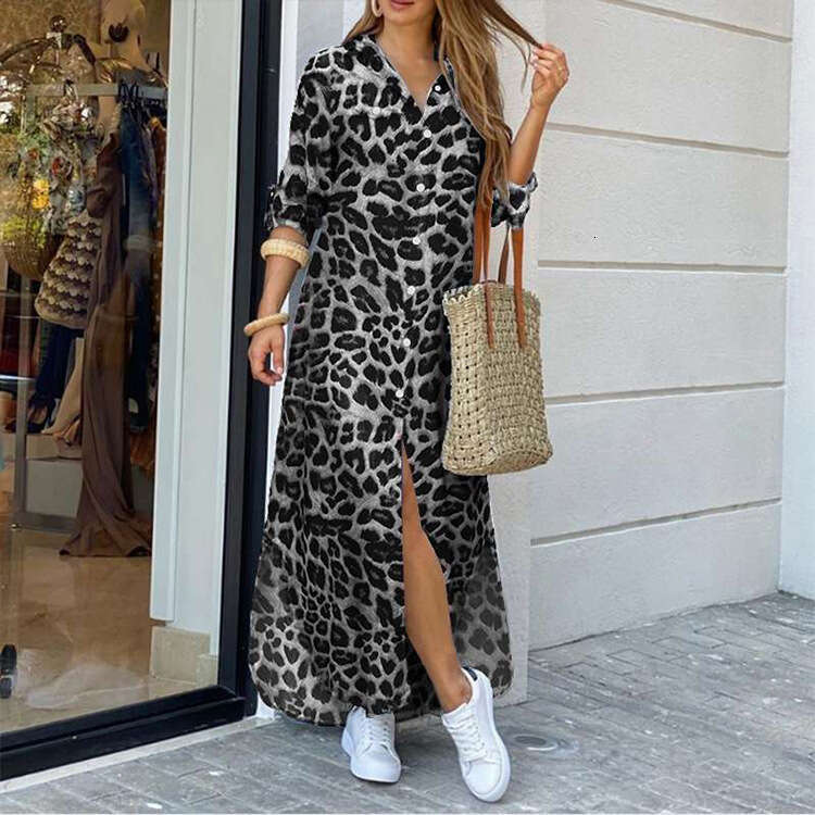 New Trend Leopard Print European American Women's Fashion With Slit Long Shirt And Dress For Foreign Trade