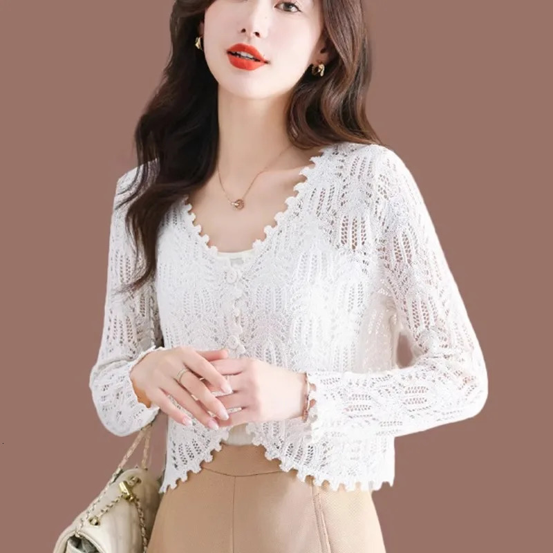 3515 Vintage Knitted Jacket Women Thin Summer Short Hollow Out Sunscreen Coat Sexy Slim Knit Outerwear Buttons Solid Color 250103
