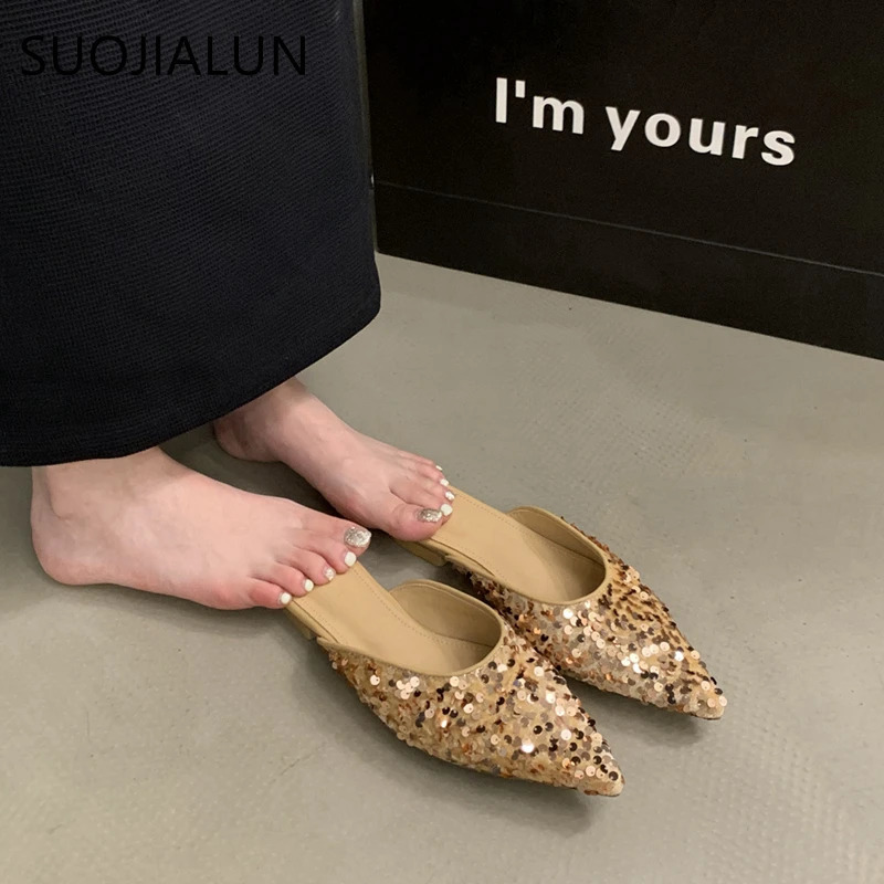 SUOJIALUN 2024 Spring Women Slipper Fashion Bling Shallow Slip On Mules Shoes Pointed Toe Flat Heel Outdoor Dress Sandal Sho 250107