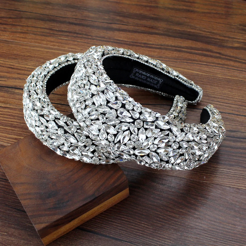 Large Silver Color Crystal Gem Headbands Padded Shiny Rhinestone Bridal Hairbands For Women Wedding Hair Accessories 250107