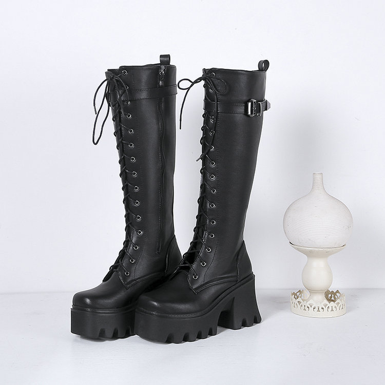 Knee Chunky High Boots Women Platform Goth Punk Heels PU Leather Black Retro Long Winter Shoes Female Lace Up Rain Boot EU35-39