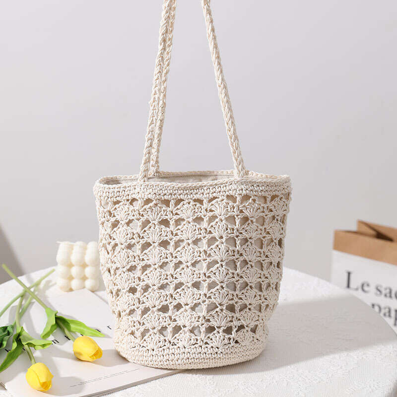 Korean Version Hollowed Out Cotton Thread Handmade With Chi Style Temperament, One Shoulder Portable Grass Woven Bag, Seaside Vacation Beach Bag