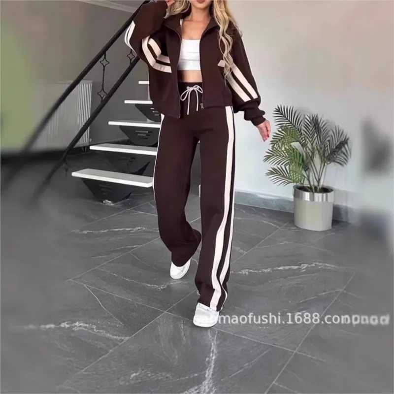 Fashion contrast striped patchwork workwear casual zipper long Sved hoodie lace straight three person walking two-piece set autumn W250108